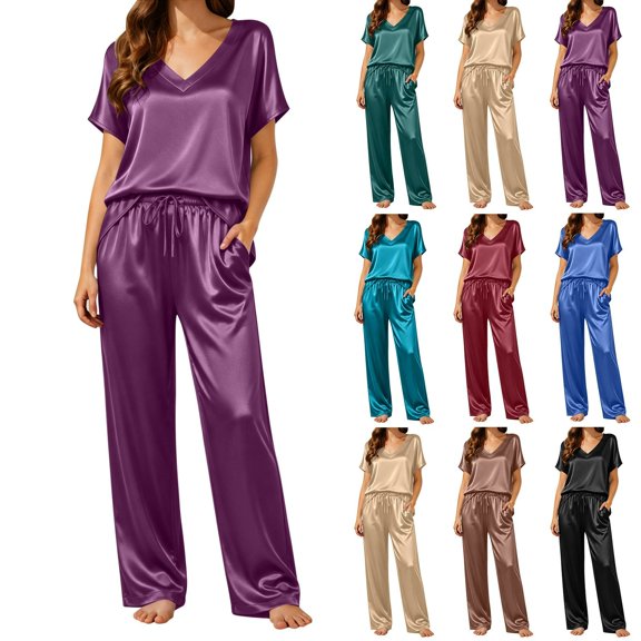 Silk Pajamas for Women 2 Piece Satin Pjs Cap Short Sleeve Sleepwear V Neck Shirt Long Pant Lounge Sets Purple XL(XL)