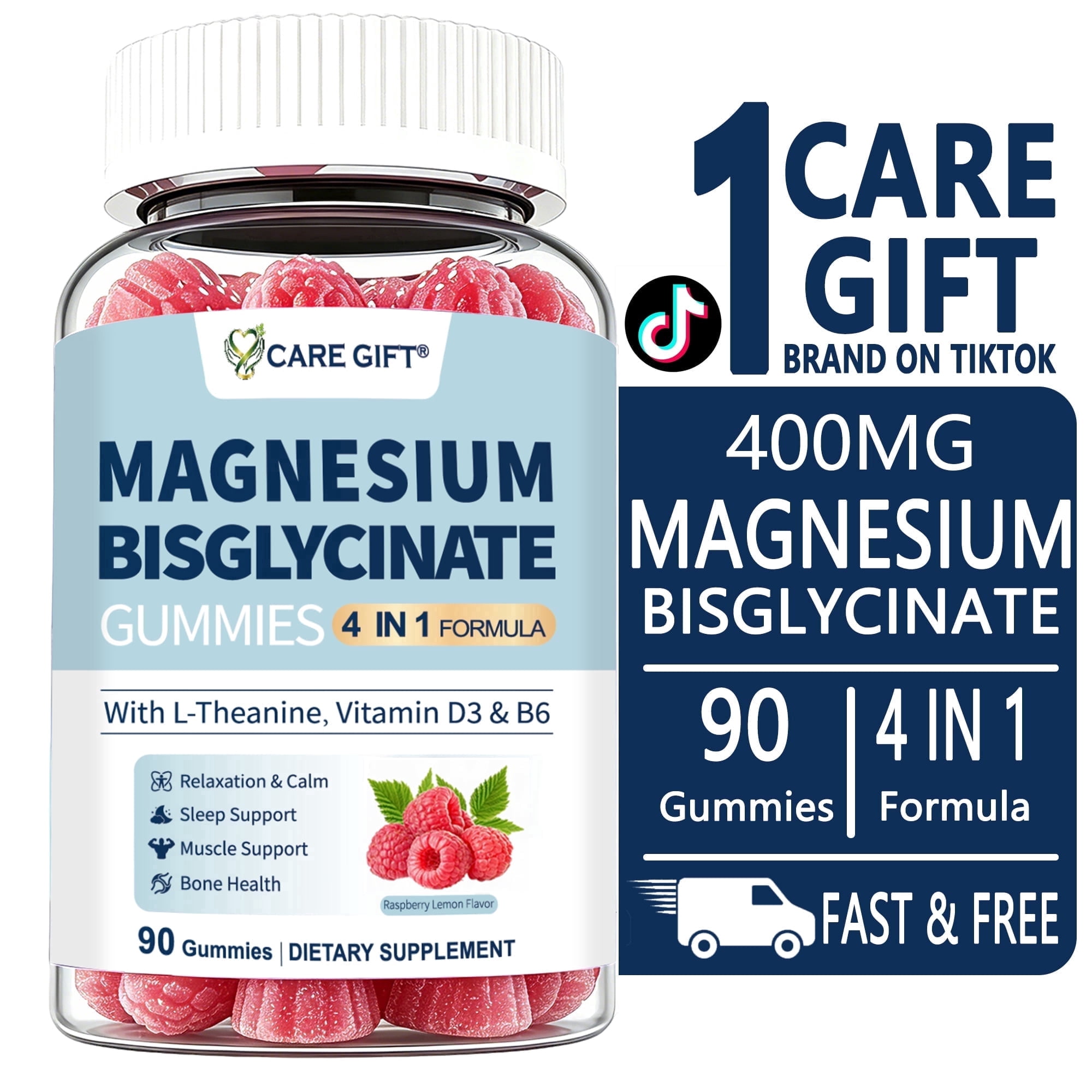 CARE GIFT 400mg Chelated Magnesium Bisglycinate Gummies with D3, B6 & L-Theanine – Sleep, Calm & Bone Support, 90 Raspberry Gummies