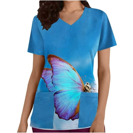 

Yyeselk Summer Womens Scrub Tops Leisure V-Neck Short Sleeves Tunic Shirts Fashion Floral Print Ladies Working Uniform Blouses with Pockets Blue L