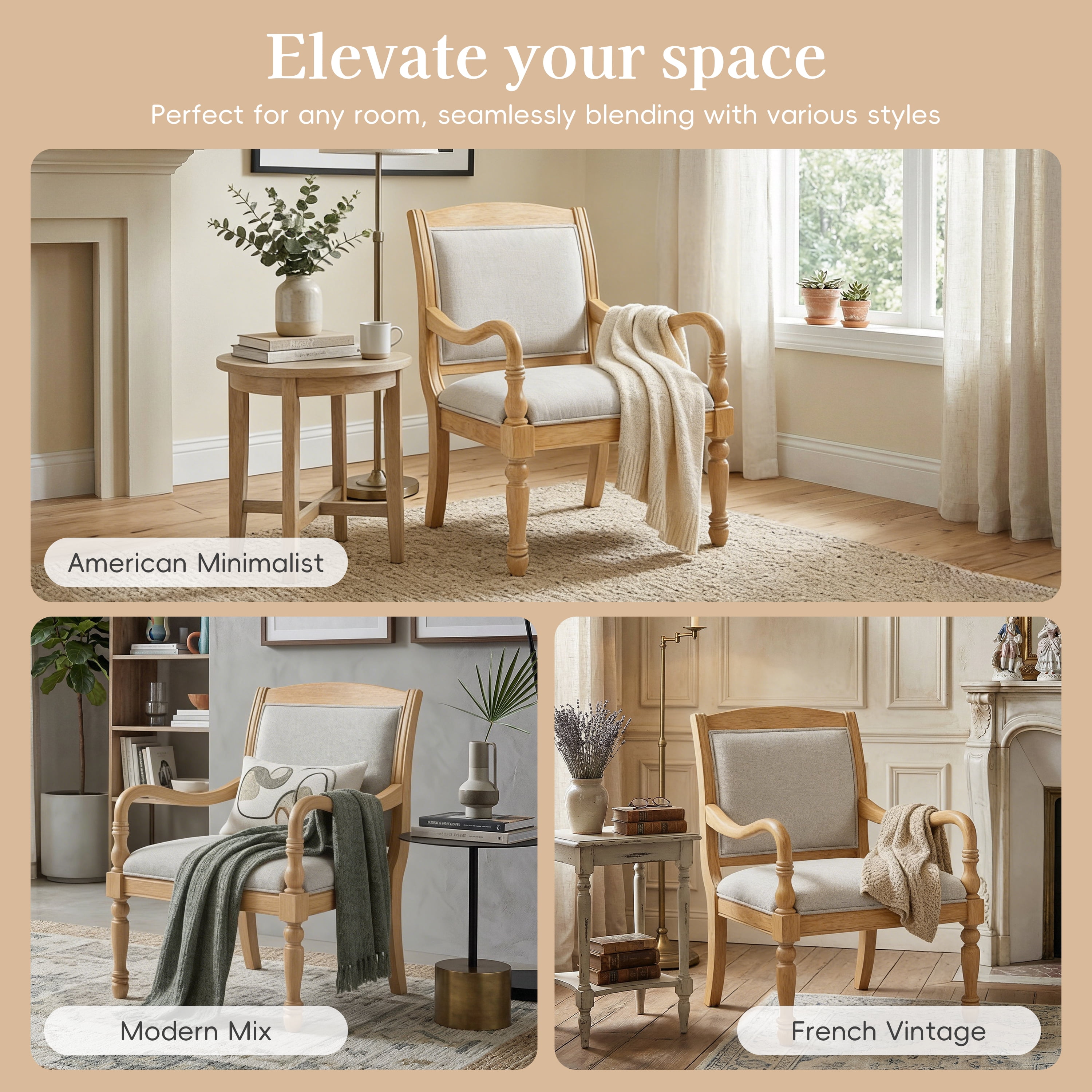 GARITIN Vintage Accent Chair 28.5 Inch, Upholstered Armchair with Solid Wood Frame and Spindle Legs for Living Room, Beige and Natural