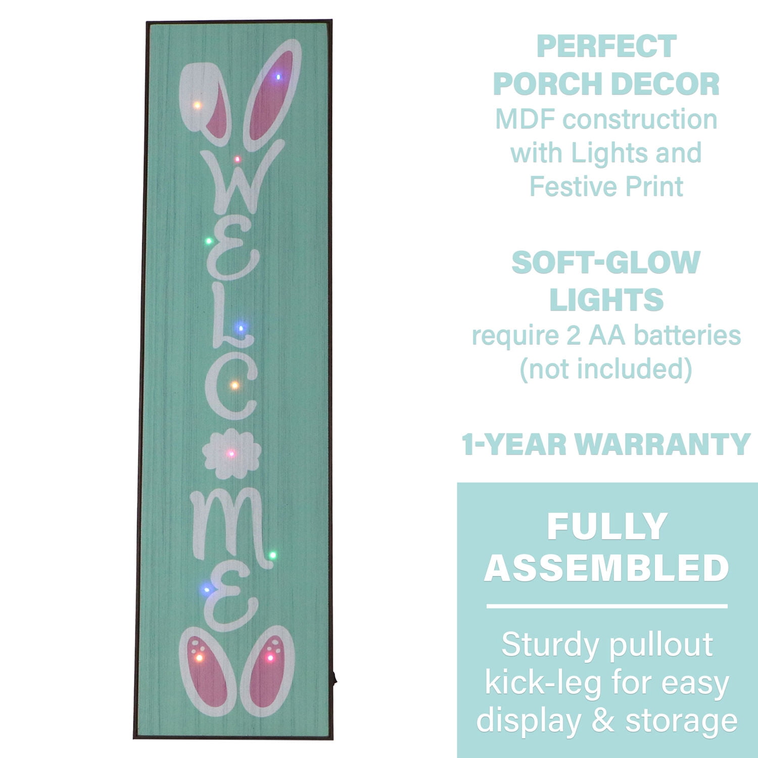 45-In. WELCOME Porch Leaner Sign with Battery-Operated LED Lights and Bunny Ears, Festive Spring Decoration, Blue