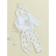 thumbnail image 3 of Hirigin Newborn Baby Boy Coming Home Outfit Hello I'm New Here Long Sleeve Romper Animal Print Pants Hat 3Pcs Clothes Set, 3 of 8