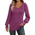thumbnail image 2 of BiZtdJrK Womens V Neck T Shirts Pleated Front Cuff Long Sleeve Tunic Tops Lightweight Loose Solid Casual Fall Tee Shirt Purple L, 2 of 7