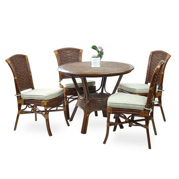 Set of 4 Alexa Dining Side Chairs with Cushion and Round Dining Table Natural Rattan Wicker Handmade Design Dark Walnut Color