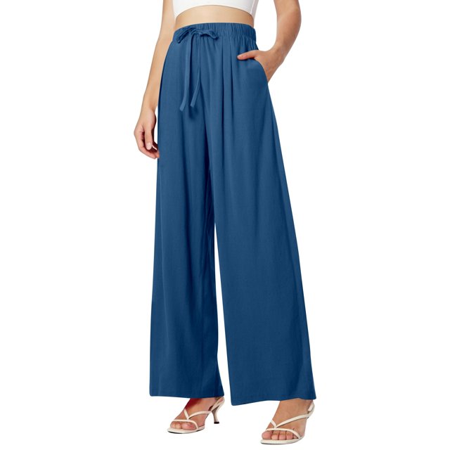 Women's Summer High Waisted Drawstring Linen Wide Leg Beach Pants with Pockets, Comfortable, Casual, Pure Color, Loose Fit for Vacation