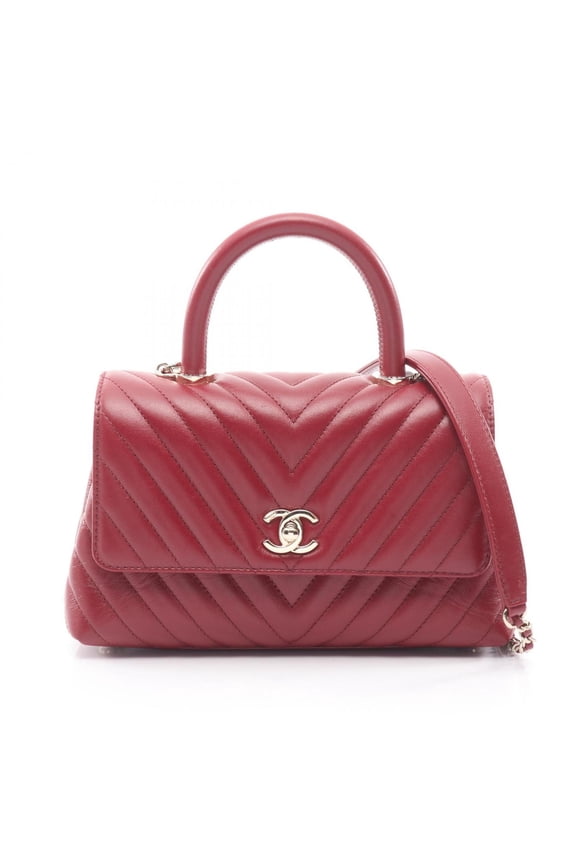 Pre-Owned Chanel Coco Handle Flap V-Stitch Chevron 2-Way Handbag, Leather, Women's, Red (A92990)