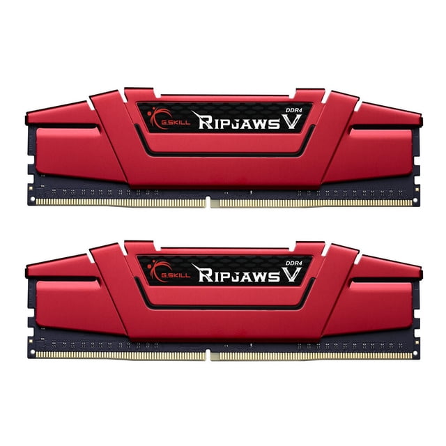 g.skill ripjawsv series ddr4 ram (xmp) 16gb (2x8gb) 3200mt/s cl16-18-18-38 1.35v intel amd memoria para computadora de escritorio u-dimm - rojo (f4-3200c16d-16gvrb) Dos módulos de memoria RAM DDR4 Ripjaws V en rojo, vista frontal que muestra disipadores metálicos de perfil alto y etiqueta central negra con logo G.SKILL y texto "Ripjaws V", contactos dorados en el borde inferior; kit 2x8GB 3200MT/s con perfil XMP, adecuado para PC de escritorio y a menudo usado por entusiastas para mejorar tiempos de carga y multitarea.