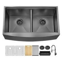 36"x 22" Gunmetal Black Farmhouse Sink, Double Bowl Stainless Steel Workstation Kitchen Sink 16 Gauge, Deep Handmade R10 Radius All in One Kitchen Sink