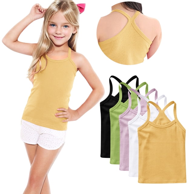 Odeerbi Camisetas de Las Niñas de 5 Paquetes Camisetas de Algodón Y Espalda Camisetas Bajas Sin Mangas Básicas Suaves, 1-13 Años