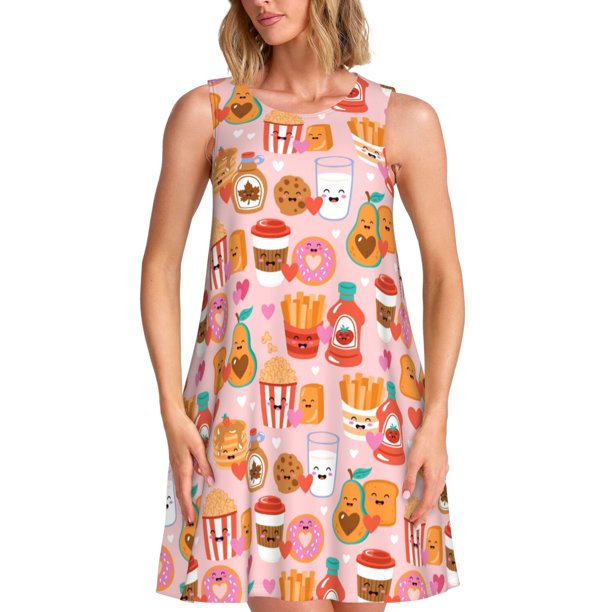 Easygdp Funny Food para Vestido Transpirable de Mujer, Vestido Suelto de Manga Corta con Pliegues y Bolsillos para el Verano