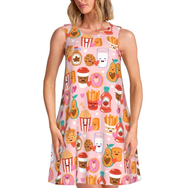 Easygdp Funny Food para Vestido Transpirable de Mujer, Vestido Suelto de Manga Corta con Pliegues y Bolsillos para el Verano