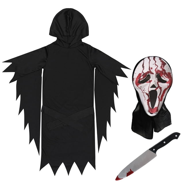 disfraz muerte terror halloween para y adultos disfraz adulto y niño: capa negra con capucha y bordes puntiagudos, máscara blanca estilo grito con salpicaduras de sangre impresas y cuchillo de utilería; vista frontal sobre fondo claro, también adecuado para ambientación teatral o decorado de fiesta.