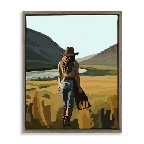 Stupell Industries Rustic Lodge Strolling Cowgirl in Desert Brown Floating Frame Canvas Art, 17 x 21, by Amelia Noyes