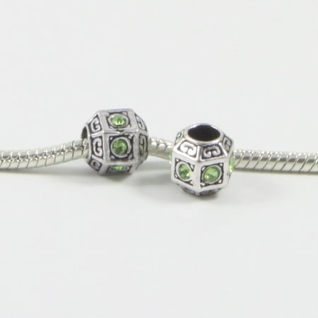 Cube 3 Light - 3 Beads - Green Square Cube Rhinestone Barrel Silver European Bead Charm E0643