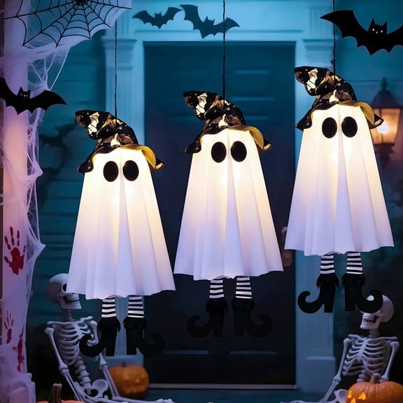 TETOU 18In Set of 3 Halloween Hanging Ghosts,Halloween Decorations Outdoor Hanging Ghosts with Witch Hat,Glowing Ghost Witch Hat Lights Halloween Ghost Decor for Yard Patio Garden Tree Outside