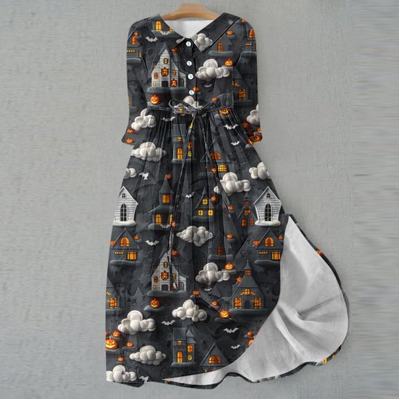 WFJCJPAF 2025 New Product Denim Dresses for Women,Large Size Women's Halloween Printed Seven Quarter Sleeved Lapel Dress - Black S