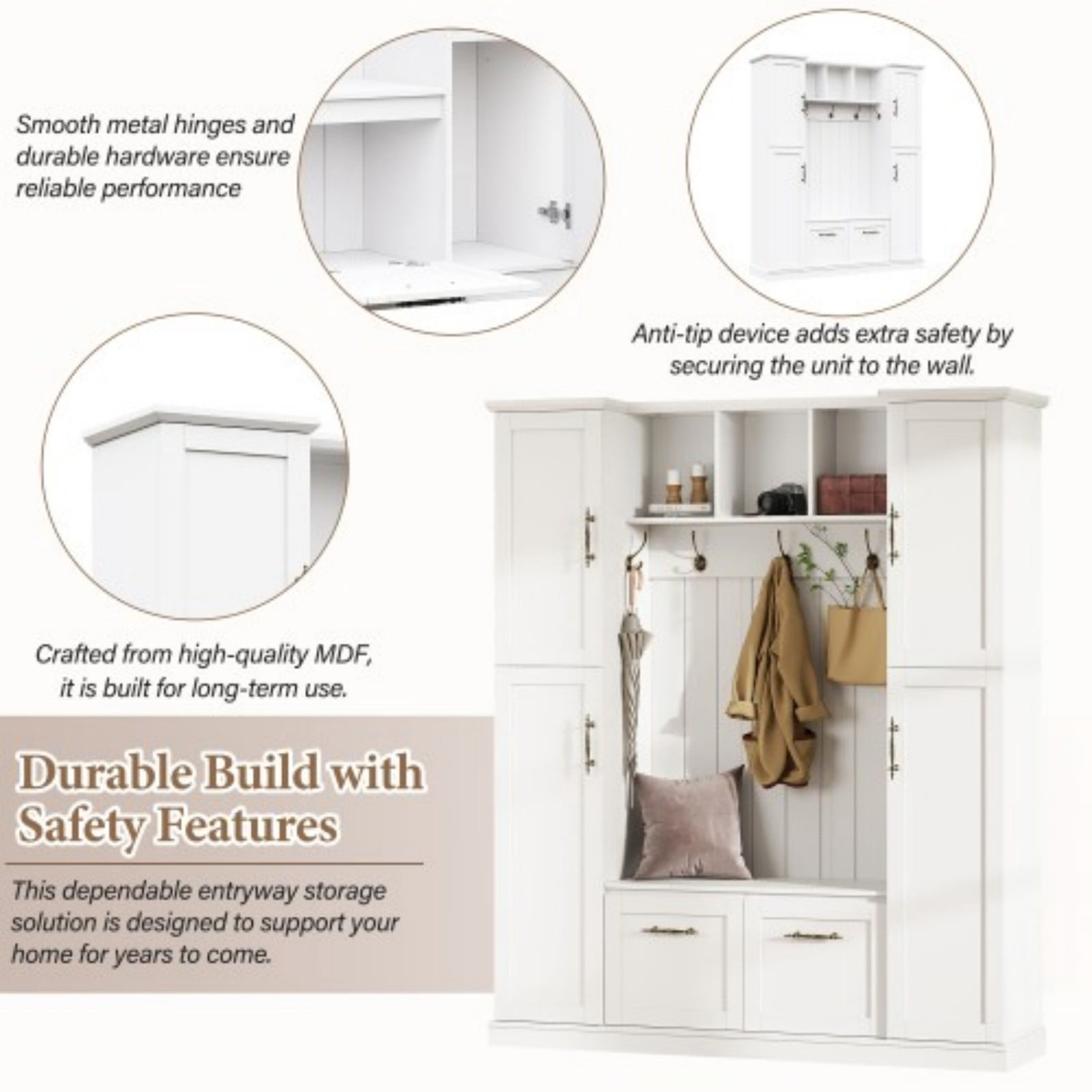 Farmhouse Entryway Hall Tree with Bench, All-in-One Mudroom Storage Cabinet with 4 Side Cabinets, Adjustable Shelves, Open Cubbies & 5 Hooks, Beadboard Coat Rack for Hallway, White