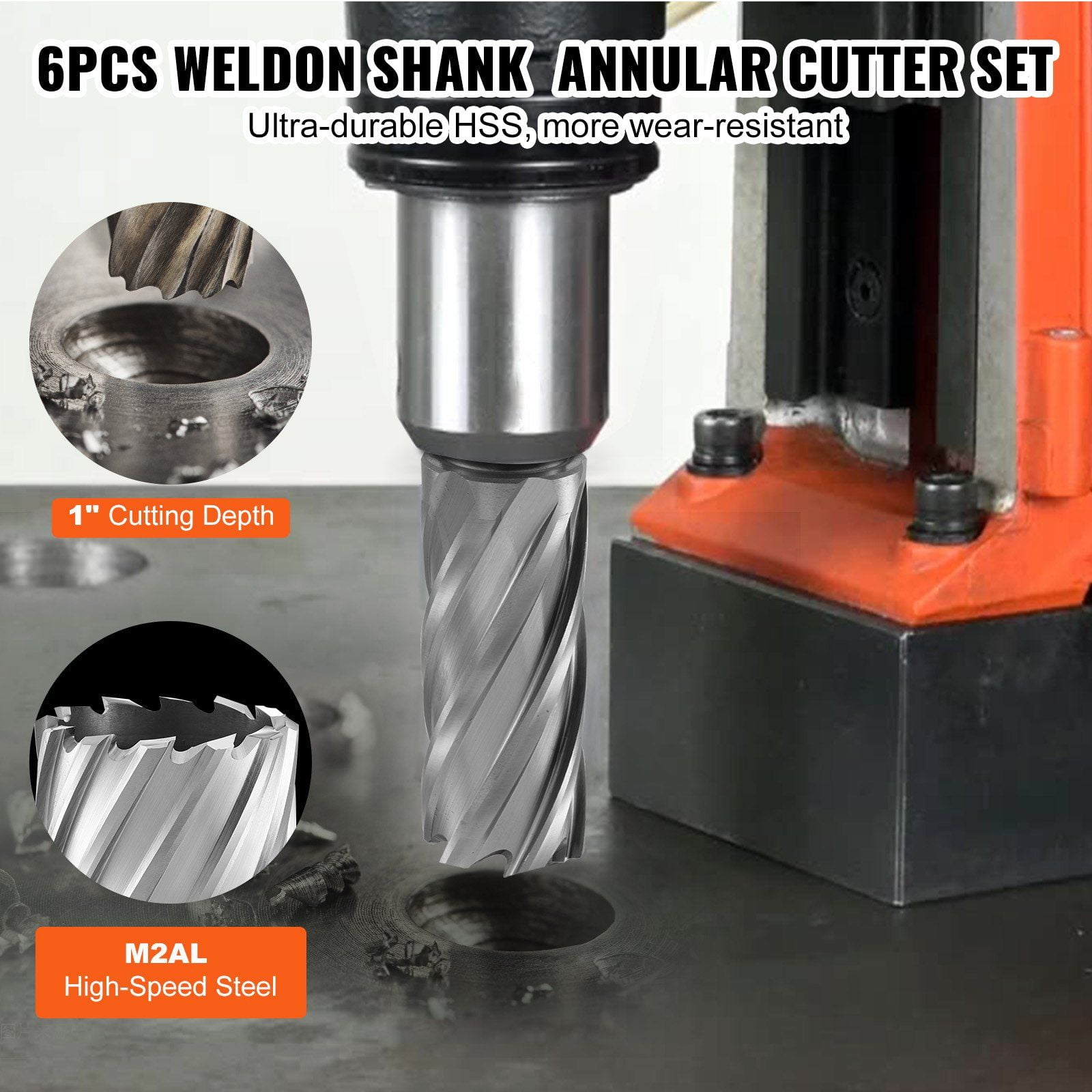6-Piece Annular Cutter Set, 1/2" to 1-1/16" Weldon Shank Mag Drill Bits, 1" Cut Depth, M2AL HSS, Includes Pilot Pin & Case, for Magnetic Drill Press – Metal Cutting Tools
