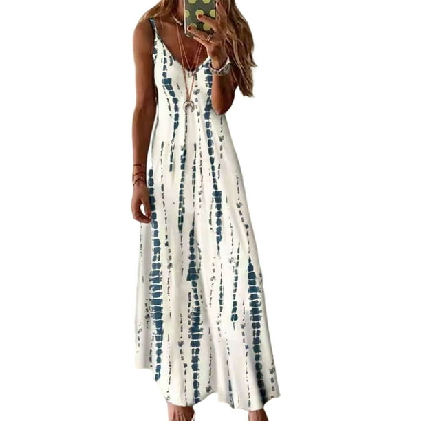 Vestido Suspendido Vestido largo bohemio con tirantes Vestido con tirantes de playa con estampado de columpio grande (Blanco S) Cgtredaw Para estrenar