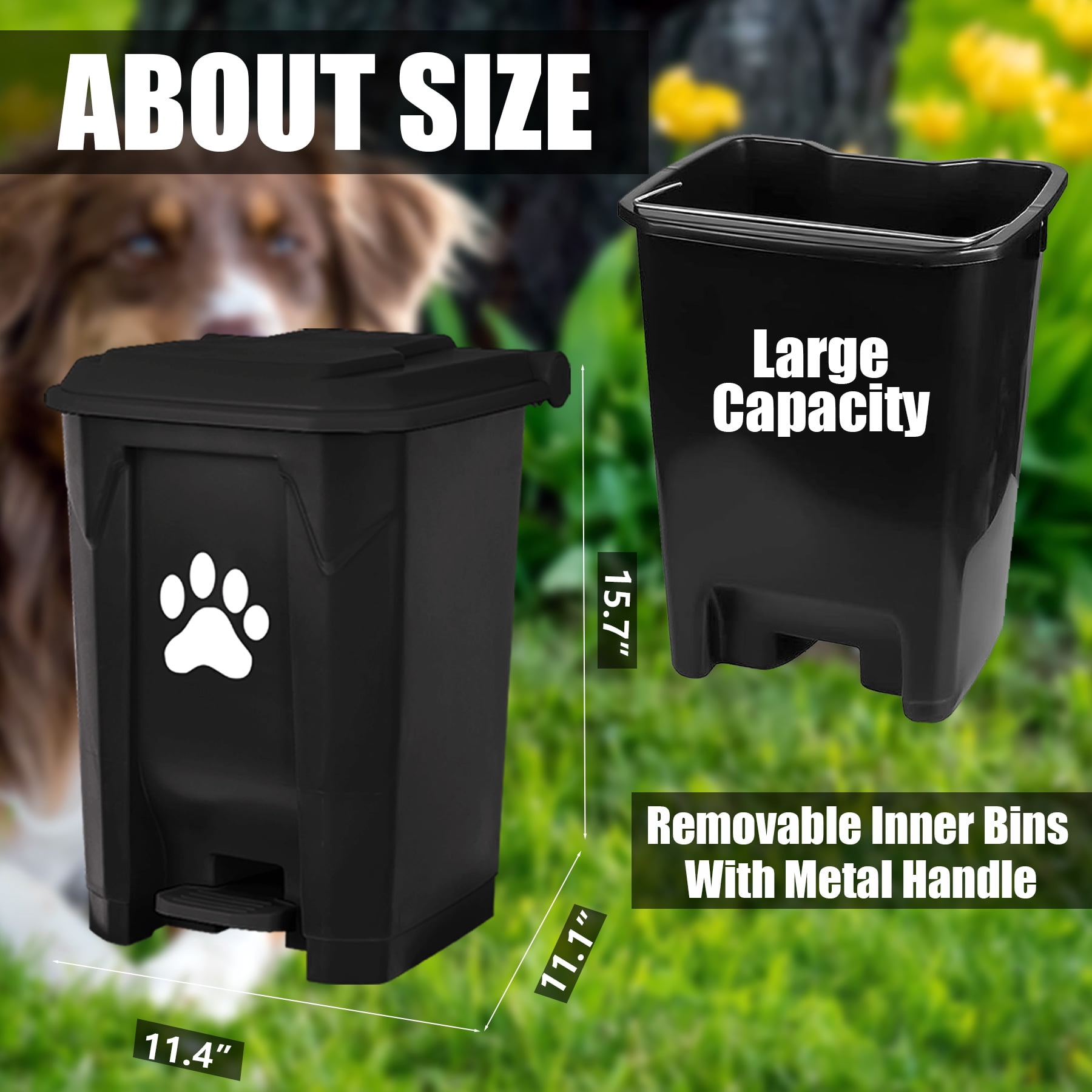 Dog Poop Trash Can Outdoors Pet Waste Station with Lid:15L Dog Waste Disposal Container with Removable Inner Bin Bucket Hands-Free Pedal Garden Yard Home with 5Rolls Waste Bags