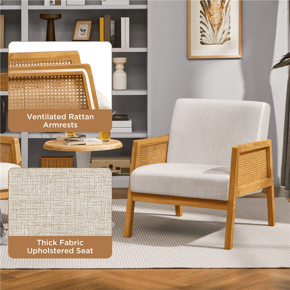 Renwick Fabric Upholstered Accent Chair with Rattan Sides for Living Rooms,Beige