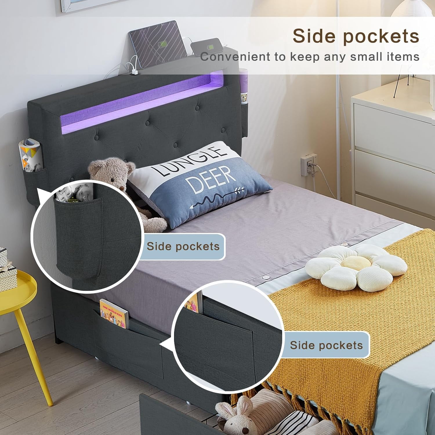 Miniyam Upholstered Twin Size Bed with USB Charging Station, LED Lights, Storage Drawers, Dark Gray