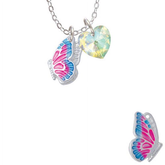 Translucent Hot Pink & Blue Flying Butterfly  - Clear AB Crystal Heart Sophia Necklace, 18" 1"