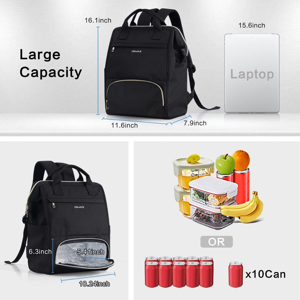 OIWAS Lunch Bag Laptop Backpack Insulated Cooler with USB Port for Men Women, Fits 15.6 inch Laptop, Black