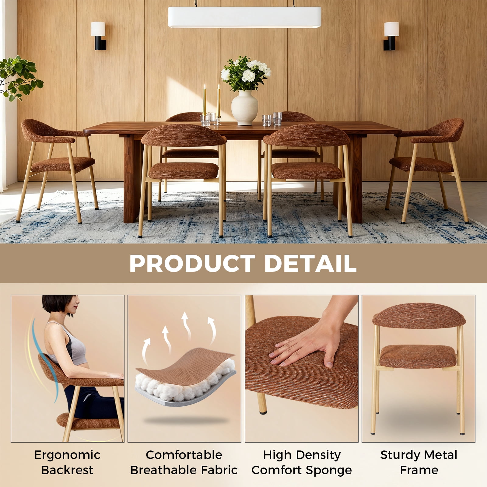 EDX Dining Chairs Set of 2, Modern Upholstered Kitchen Side Chairs for Dining Room, Ergonomic Padded Accent Seats with Sturdy Legs, Orange