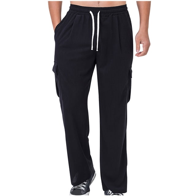 aidice Mens Workout Pants Corduroy Casual Loose Straight Leg Drawstring Elastic Waist Outdoors Exercise Pant with Pockets