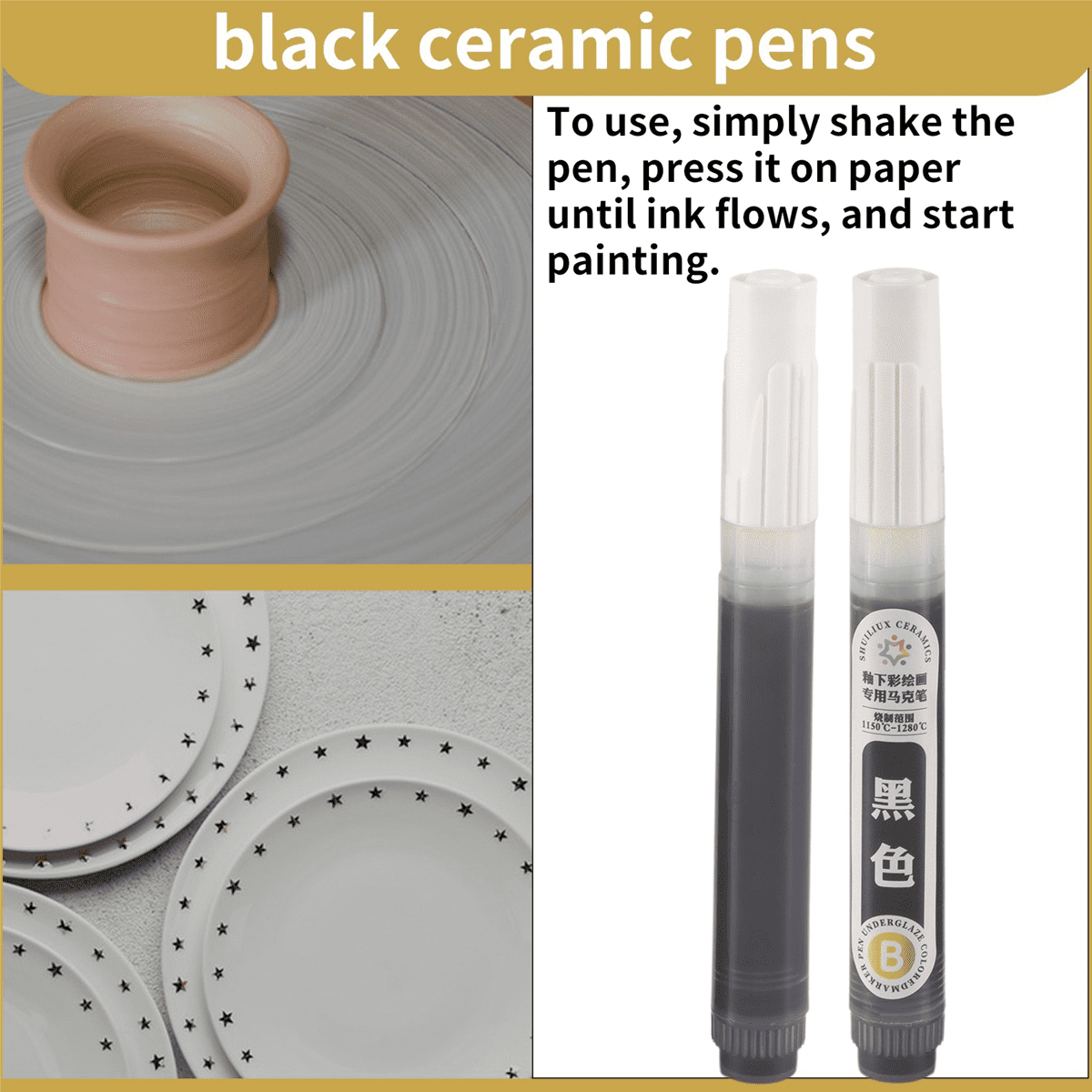 4 Pcs Underglaze Pen Underglaze for Ceramics Ceramic Writing Pen Underglaze Permanent Porcelain Colored Pen (Black)