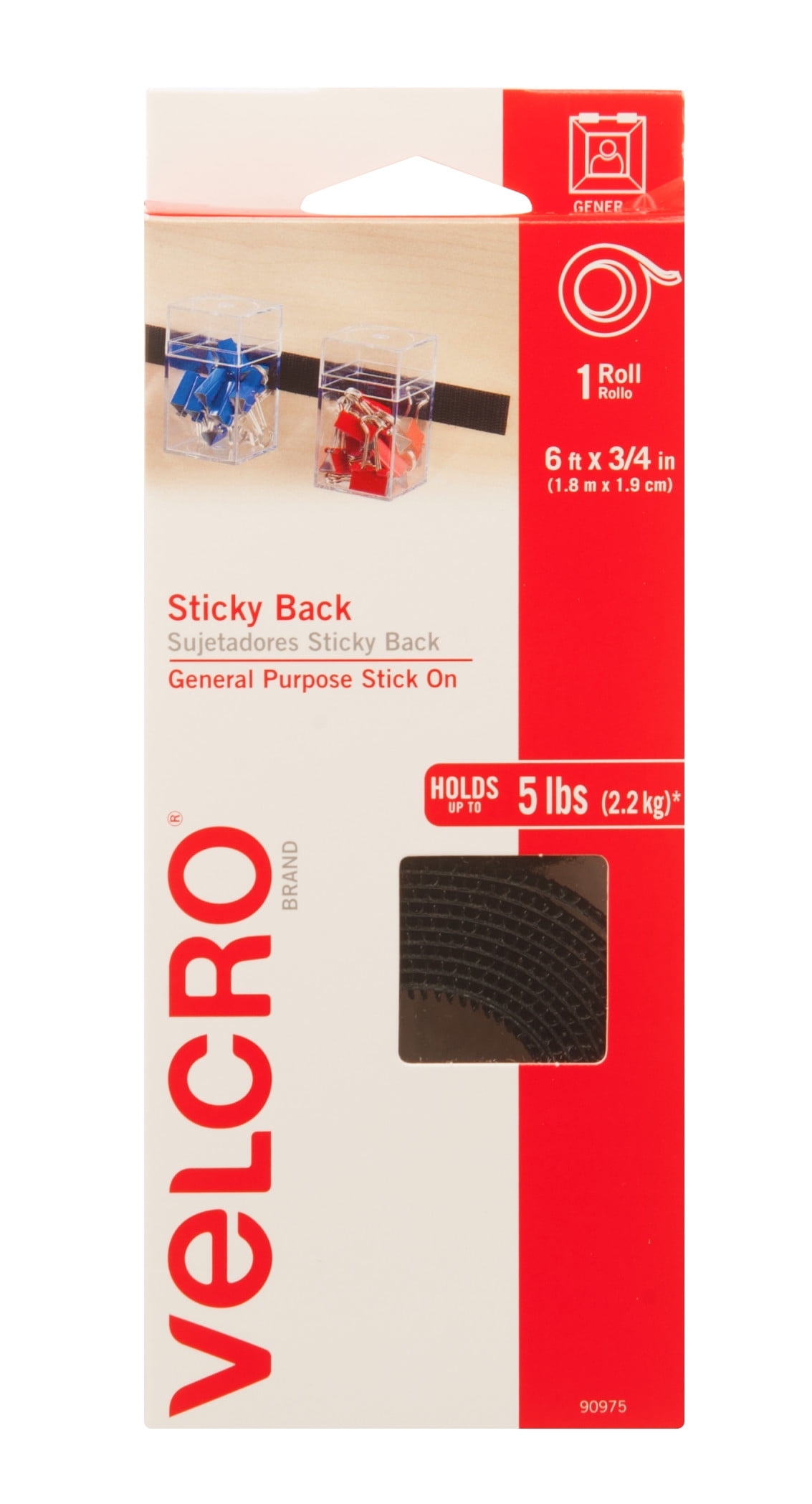 VELCRO Brand Sticky Back Tape Roll with Adhesive | Cut Strips to Length | Hook and Loop Fasteners | Perfect for Home, Office or Classroom, 6' x 3/4" Black, 90975W
