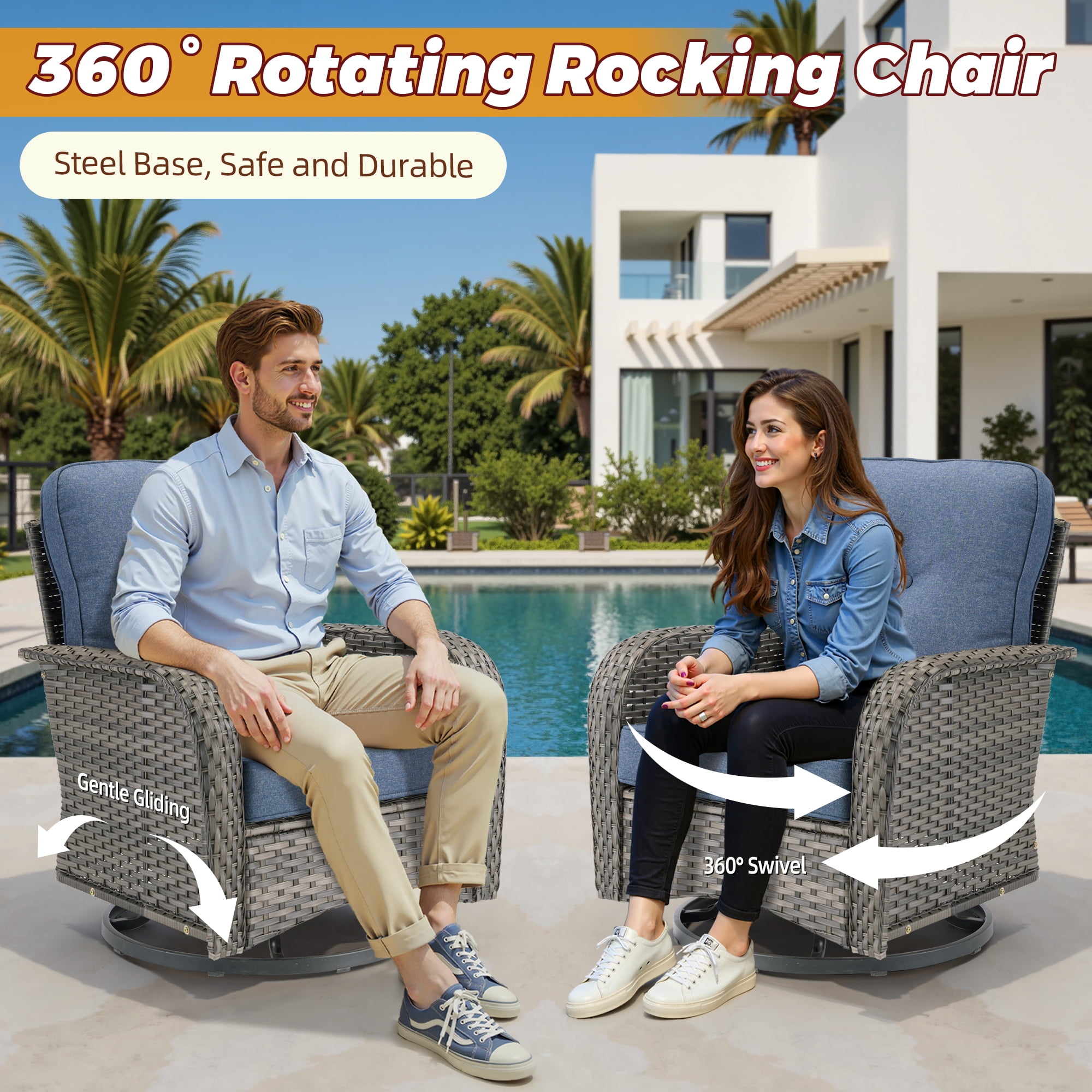 XIZZI 6-Pieces Wicker Patio Furniture Sets, Outdoor Furniture Sectional Sofa with Swivel Chairs, ottomans, All-Weather Rattan Outdoor Conversation Set for Porch, Patio, Backyard-Denim Blue