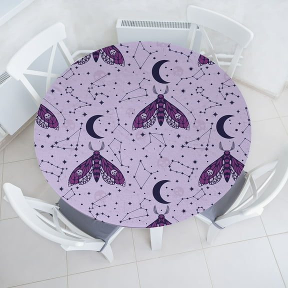 Ambesonne Death Moth Fitted Round Tablecloth, Witchy Cosmic Art Wingy, 36"- 40" Diameter, Pale Lilac Purple Indigo