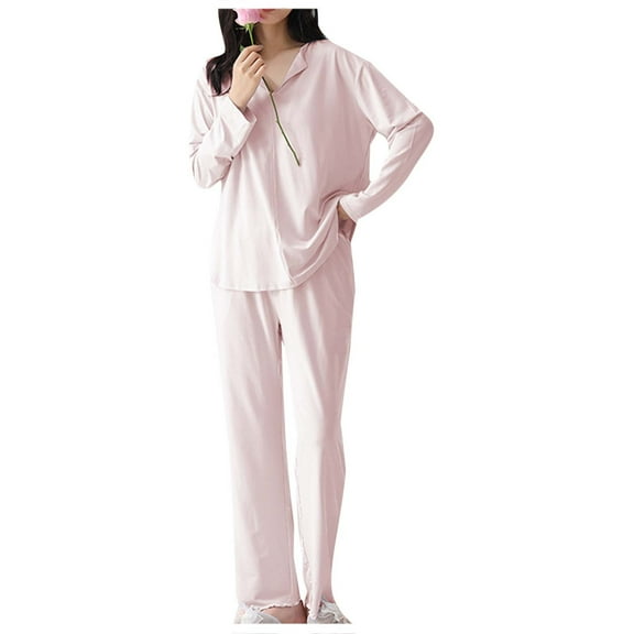SuTry Womens Pajamas Sleepwear Set Soft Cozy Loose Long Sleeve Round Neck Solid Color Pajama Home Homewear Pajamas for Women Set(Pink,XL)