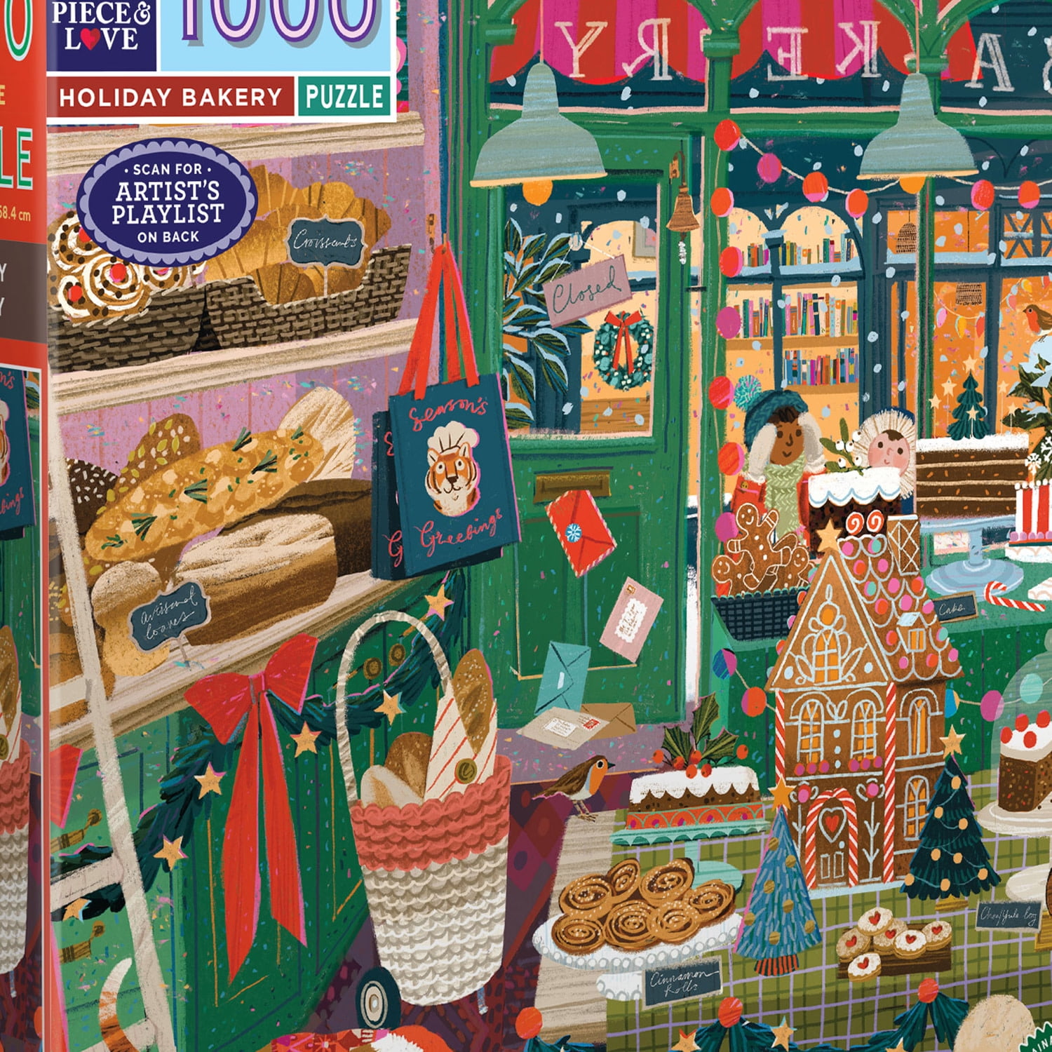 eeBoo Piece & Love: Holiday Bakery - 1000 Piece Puzzle - 23" Square Adult Jigsaw, Victoria Ball’s Cozy English Cottage Bakery Scene, Eco-Friendly