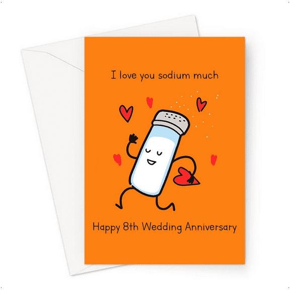 Funny 8th Wedding Anniversary Card – “I Love You Sodium Much” – Cute Salt Shaker Design – Blank Inside with Envelope Included