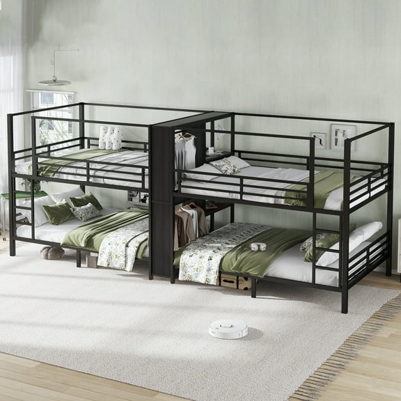 Queen Size Quadruple Metal Bunk Bed,Quadruple Bunk Bed with Built-in Storage Shelves & Wardrobe,Noise-reduced Design,Black