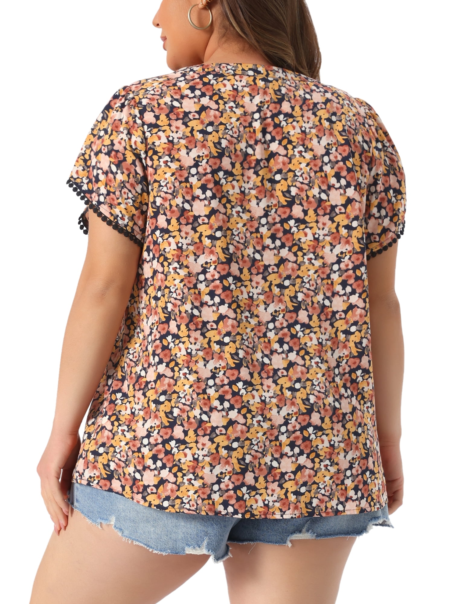 Women's Plus Tops Floral V Neck Tulip Sleeve T-Shirt Tee Summer Top 3X Yellow Pink