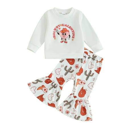 

Bagilaanoe 2Pcs Baby Girl Valentine Clothing Sets Toddler Heart Print Long Sleeve Sweatshirt Tops + Flare Trousers 6M 12M 18M 24M 3T 4T Kids Spring Pants Set