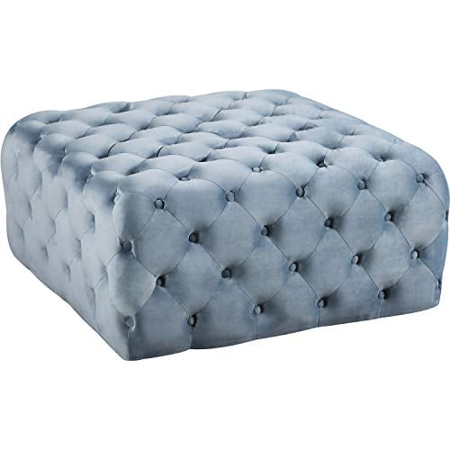 Meridian Furniture Ariel Collection Modern | Contemporary Sky Blue Velvet Upholstered Ottoman/Bench with Deep Button Tufting, Solid Wood Frame, Square,