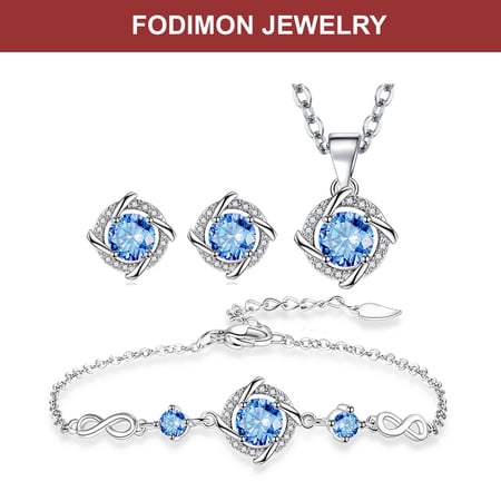 FODIMON 925 Sterling Silver Plated Jewelry set for women include the Sparkling Water Drop Cubic Zirconia Crystal Pendant Necklace Tennis Bracelet Earrings set-Blue jewelry sets 4pcs