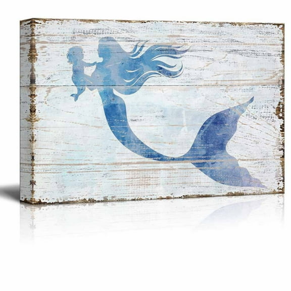 wall26 Canvas Wall Art - Mother Mermaid Holding Baby Mermaid | Maternal Love Ocean Theme Rustic Country Style Modern Giclee Print Gallery Wrap Home Decor - 24" x 16"