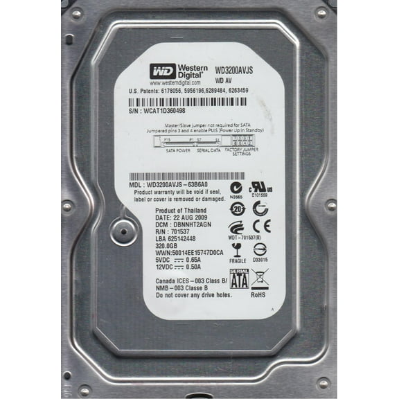 WD3200AVJS-63B6A0, DCM DBNNHT2AGN, Western Digital 320GB SATA 3.5 Hard Drive
