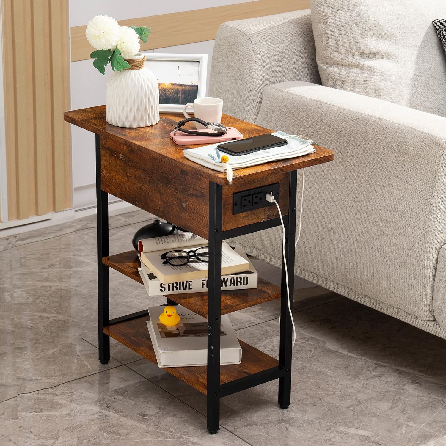 End Table with Charging Station, Flip Top Side Table for Living Room, Bedroom, Narrow Nightstand Bedside Table with Storage Shelves, Berry Brown