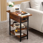 End Table with Charging Station, Flip Top Side Table for Living Room, Bedroom, Narrow Nightstand Bedside Table with Storage Shelves, Berry Brown