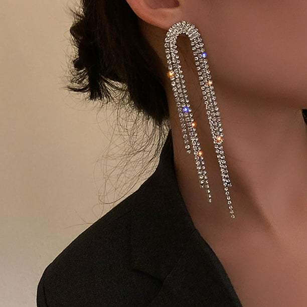Aofa Elegant Long Rhinestone Chain Earrings. Punk Double Strand