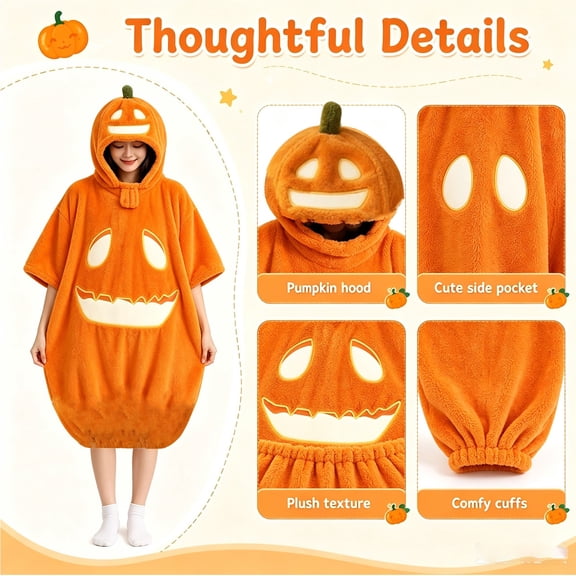 Wiyuqeen Soft Flannel Plush Pumpkin Hooded Sleep Dress for Women Halloween Jack O Lantern Onesie Pajamas Oversized Long Sleeve Loungewear Cute Holiday Gift for Fall Halloween Party