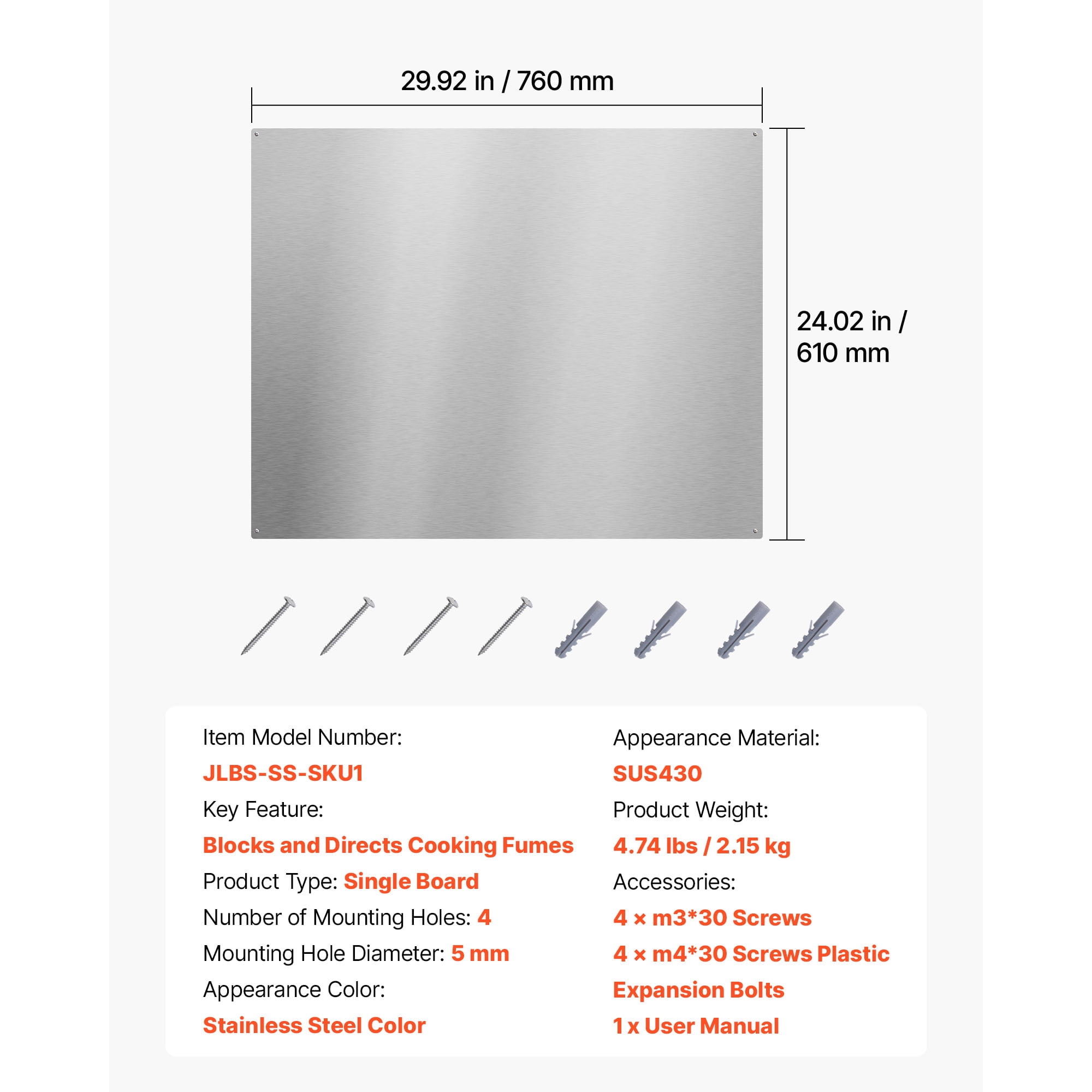 KFFKFF 30" x 24" Stainless Steel Stove Backsplash, Flat Splatter Guard, Wall Shield for Range Hood, Easy-to-Clean Kitchen Metal Panel with Pre-Drilled Holes for Simple Installation, Silver