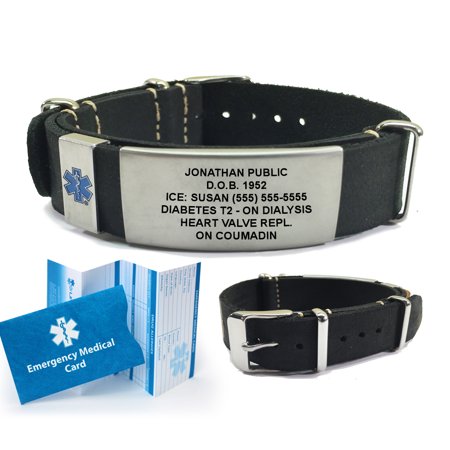 Accutron Black Bracelet - Leather NATO Medical Alert ID Bracelet. Custom Engraved! Choose Color!